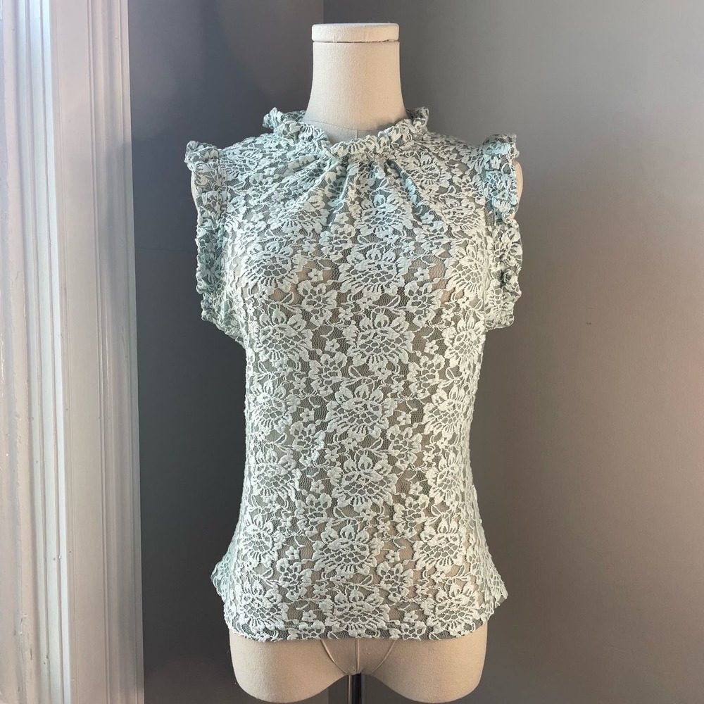 Anthropologie Dolan Ruffled Mock-Neck Floral Lace Tank Turquoise Size Small